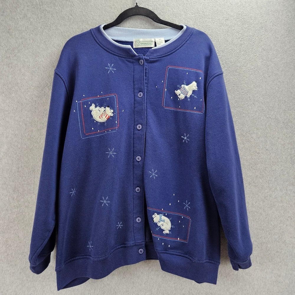 EXTRA SHENANIGANS | Polar Bear Winter Button Front Sweatshirt Navy Blue 3X VTG - Picture 1 of 14